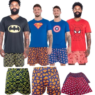 Kit Pijama Masculino Curto Verão + Cueca Samba Canção Desenho Heróis estampado em Oferta na Shopee