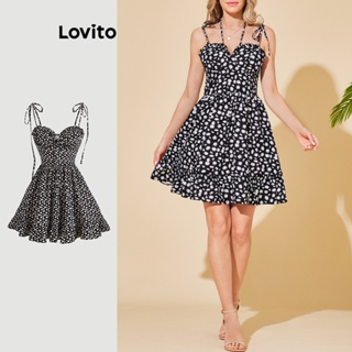 Lovito Vestido Casual com Babados na Barra e Estampa Floral Delicada para Mulheres LBL06017 (Preto)