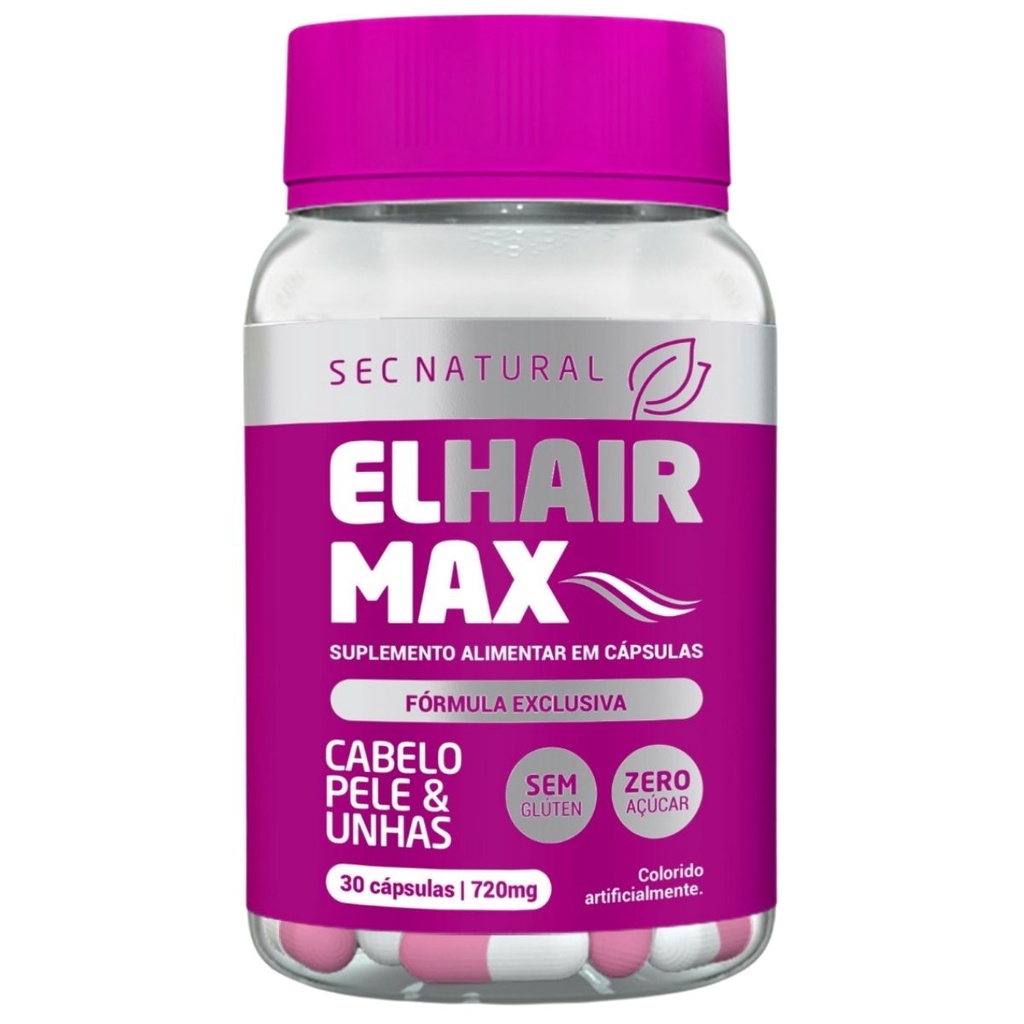 Suplemento El Hair Max 30 Capsulas para Tratamento Capilar Crescimento Vitamina e Anti Queda de Cabelos 30 dias Fortalecimento das Unhas