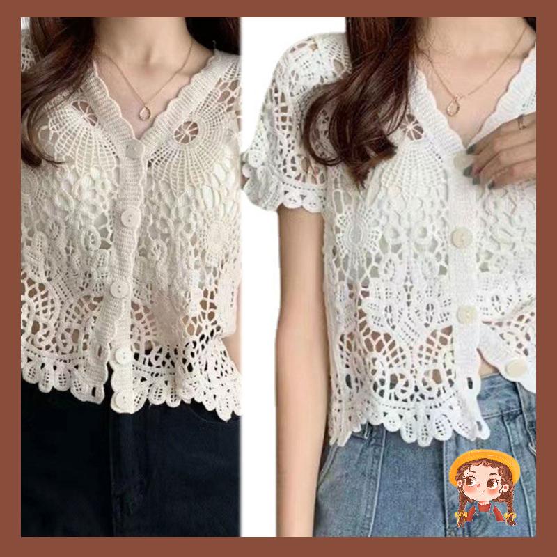 New Crochet Embroidery Lace Blouses Women Autumn Sexy Lace