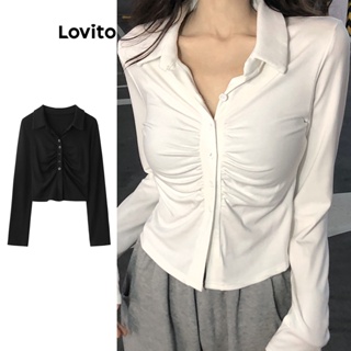 Lovito Camiseta Feminina Casual Lisa Com Botões Franzidos Na Frente LNA41042