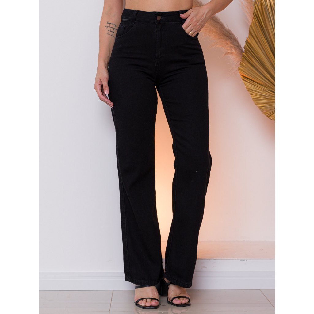 CALÇA JEANS FEMININA CINTURA ALTA PANTALONA WIDE LEG LISA DENIM PREMIUM
