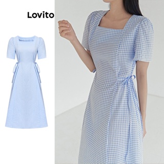 Lovito Vestido Casual De Guingão Com Renda E Manga Bufante Para Mulheres L74ED307