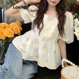 Lovito Blusa Feminina Fofa Com Botões Florais E Babados Na Bainha Com Babados No Pescoço E Manga Bufante L73AD004