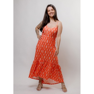 Vestido de Alcinhas Geométrico Laranja- Elastico na cintura., Decote costa com lastex, Comprimento Longuete.