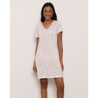 Camisola Feminina Manga Curta Renda Estampada Off White