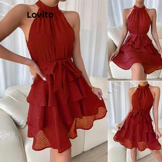 Lovito Vestido Casual Liso De Dupla Camada Jacquard Com Cinto Para Mulheres LNE27045 (Vermelho)