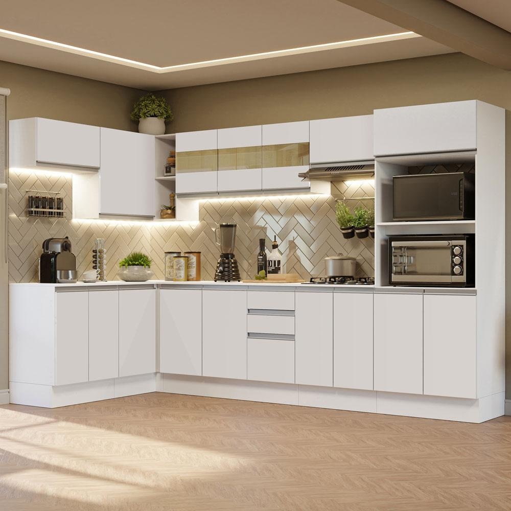 Armário de Cozinha Completa de Canto 100% MDF 447cm Branco Smart Madesa 02