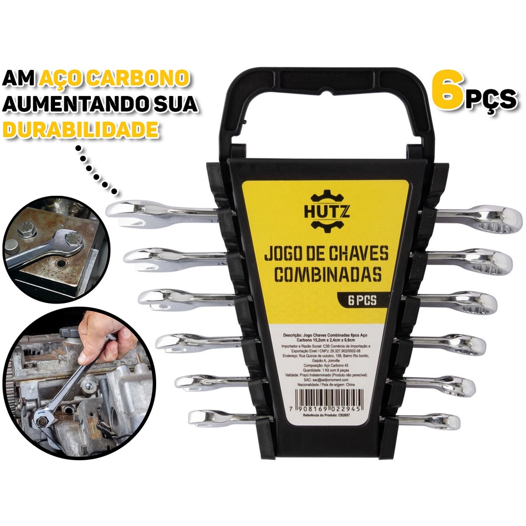 Kit Jogo de Chave Combinada Aço Carbono Boca e Estrela 6 Peças 6mm a 11mm Com Suporte Plástico Hutz