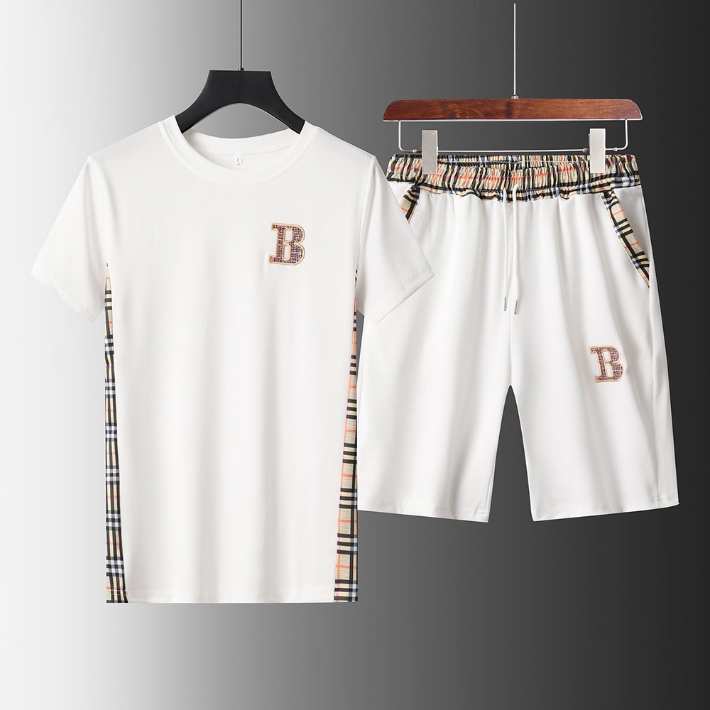 Burberry Sports Suit Men's Summer Trend Stitching Men's Casual Calças De Manga Curta De Cinco Pontos Conjunto De Duas Peças