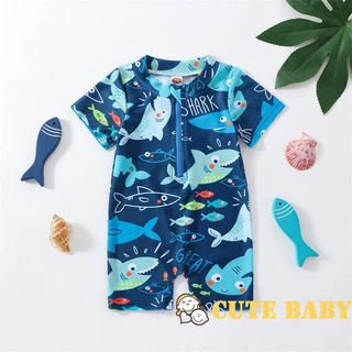 Eph-Crianças Meninos Verão Maiô Tubarão Estampado Manga Curta Zíper Macacão Swimwear
