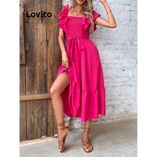Lovito Vestido Boho Liso Com Babado Frontal Dividido Para Mulheres LNL34034 (Damasco/Rosa Choque)