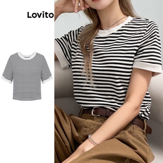 Lovito Camisetas Casuais Listradas Com Contraste Para Mulheres L73AD016