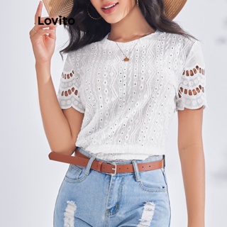 Lovito Blusa Casual Jacquard Lisa para Mulheres LBE03005 (Branco)