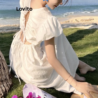 Lovito Vestido Elegante Liso Com Amarração Nas Costas E Manga Bufante Para Mulheres LNL42030