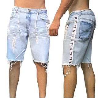 Bermuda Jeans Curta Delavê Rasgada Masculina