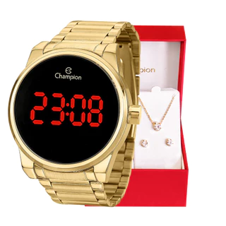 Relógio Champion Feminino Digital Dourado LED Vermelho Original Luxo CH40124H + Colar e Brincos