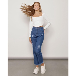Calça Jeans Feminina Mom Destroyed Azul