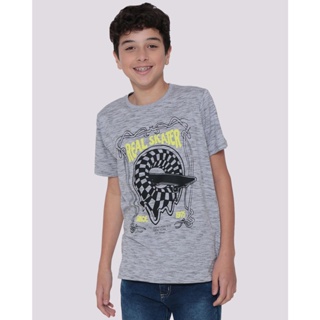 Camiseta Juvenil Estampa Skate Flamê Cinza Médio
