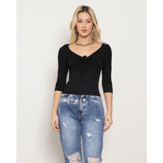 Blusa Feminina Cropped Canelado Decote V Preto