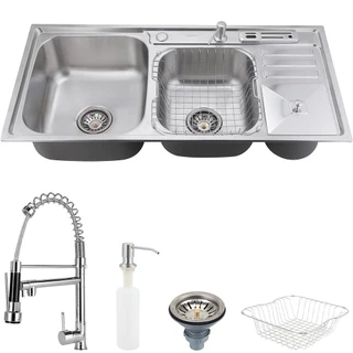 Cuba para cozinha pia dupla em aço inox com acessórios com lixeira Caiapós e Torneira Gourmet Munim Pingoo em Oferta na Shopee