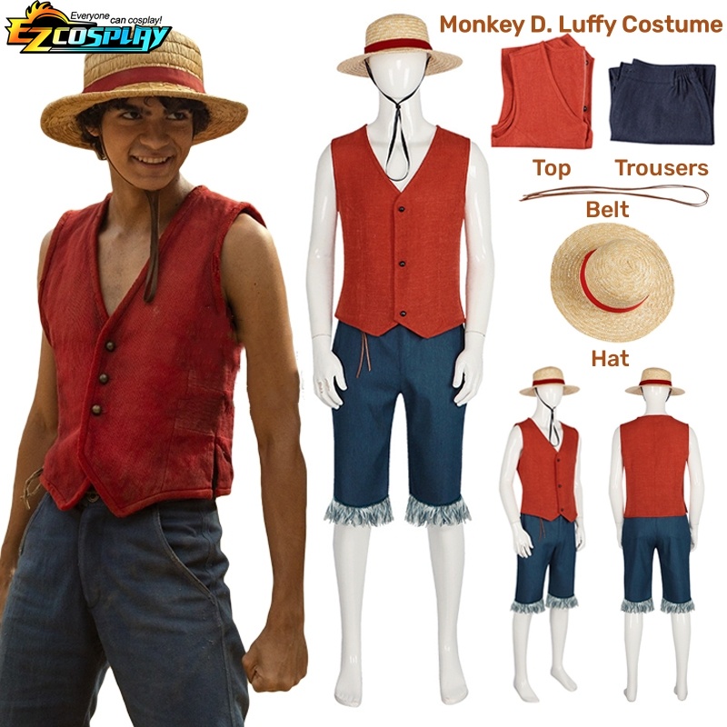 Luffy Cosplay Costume Hat Movie Shirt Pants Uniformes Roupa Chapéu Fato De Festa De Halloween Para Homens Adultos