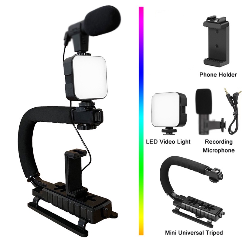 Estabilizador De Câmera Pro e Com Microfone Portátil Para Filmadora + Suporte Celular e Iluminação DSLR