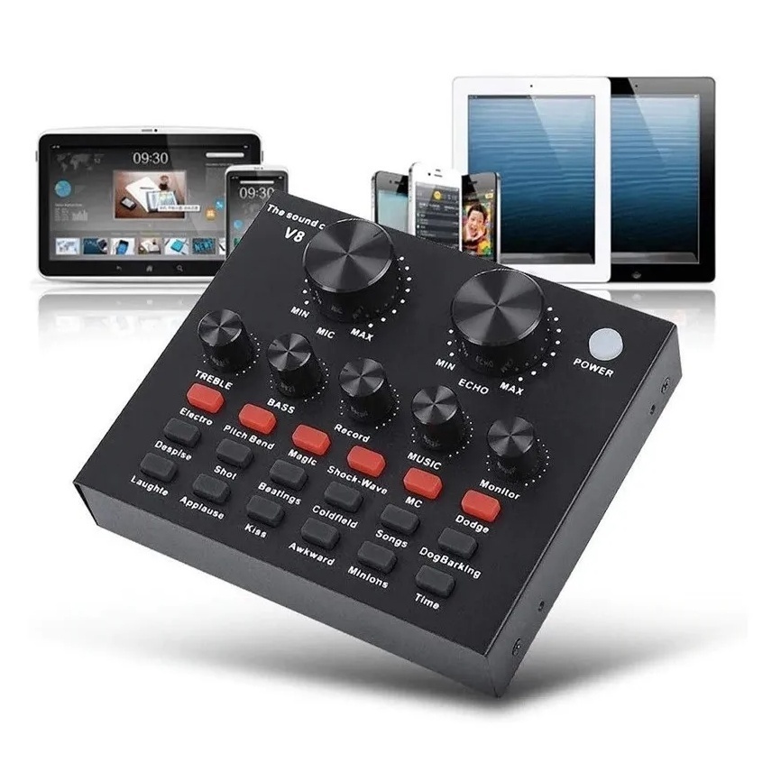 Placa de Som V8 Interface Áudio Mixer USB P2 P10 Mic Fone Modulador Bluetooth PC Smartphone Bateria Interna com postagem rápida