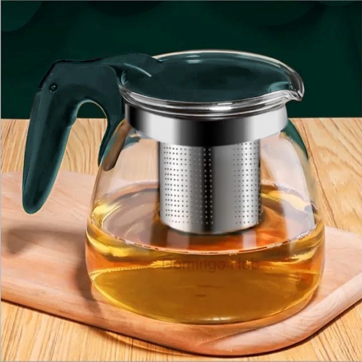 novo:Bule Chaleira De Vidro Com Infusor Aço Inox Para Chá 900Ml