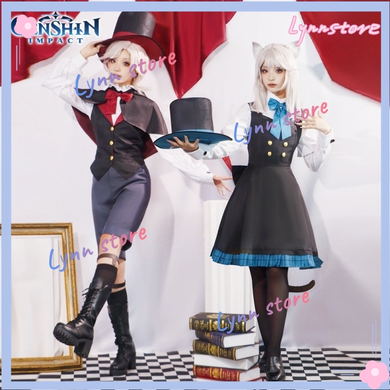 Genshin Impacto Lyney Lynette Cosplay Fantasia Lyneyte Vestido + Chapéu + Peruca + Acessórios Conjunto Completo Lyneyaine Magician