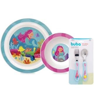 Kit Alimentação Infantil Pratinho Bowl Colher E Garfo Aventuras Sereia Buba