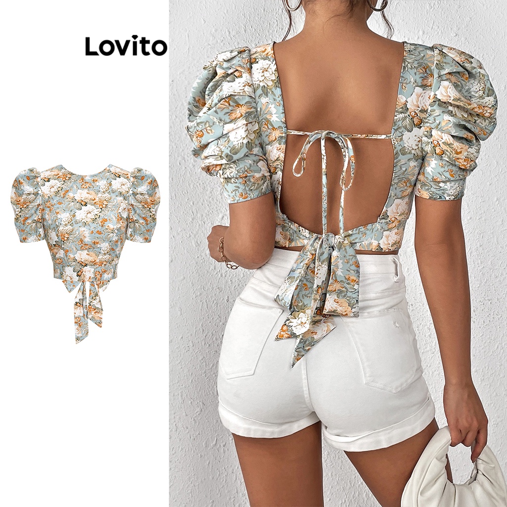 Lovito Casual Ditsy Floral Sem Costas Com Renda – Blusa De Manga Bufante Para Mulheres L68ED254 (Azul)