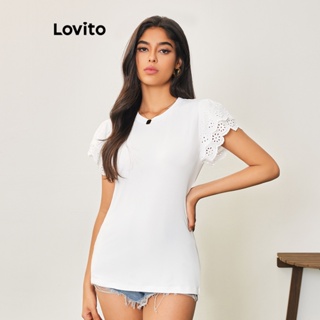 Lovito Casual Camiseta Feminina Lisa com Renda LBA05102 (Branco)