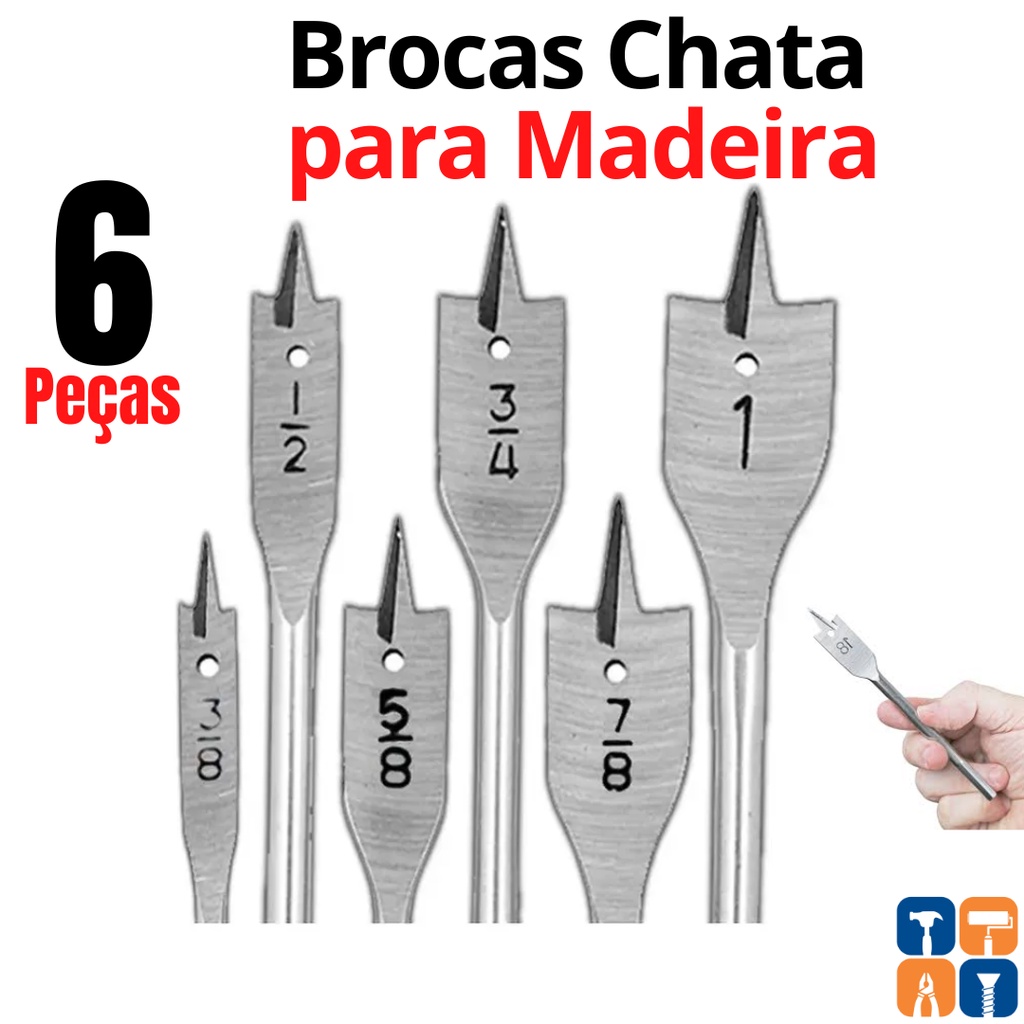 Jogo de Broca Chata para Madeira com 6 Kit Brocas Chata Madeia Marcenaria Móveis