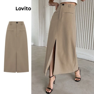 Lovito Casual Lisa Saia Feminina com Fenda Frontal e Bolso Falso L65ED076 (Cinza)