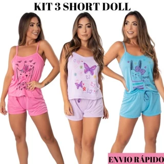 Kit 3 Pijama de Malha Baby Doll de Dormir Short Doll Verão de Alça Conforto