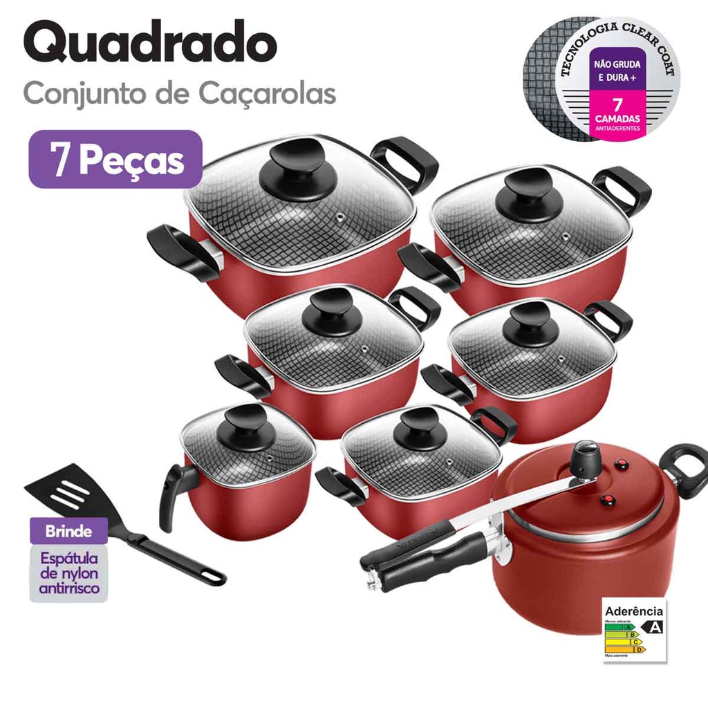 Jogo Panelas Quadradas Antiaderente + Panela Pressão + Caneco 7 Peças Patolux