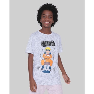 Camiseta Juvenil Estampa Naruto Flamê Cinza Claro