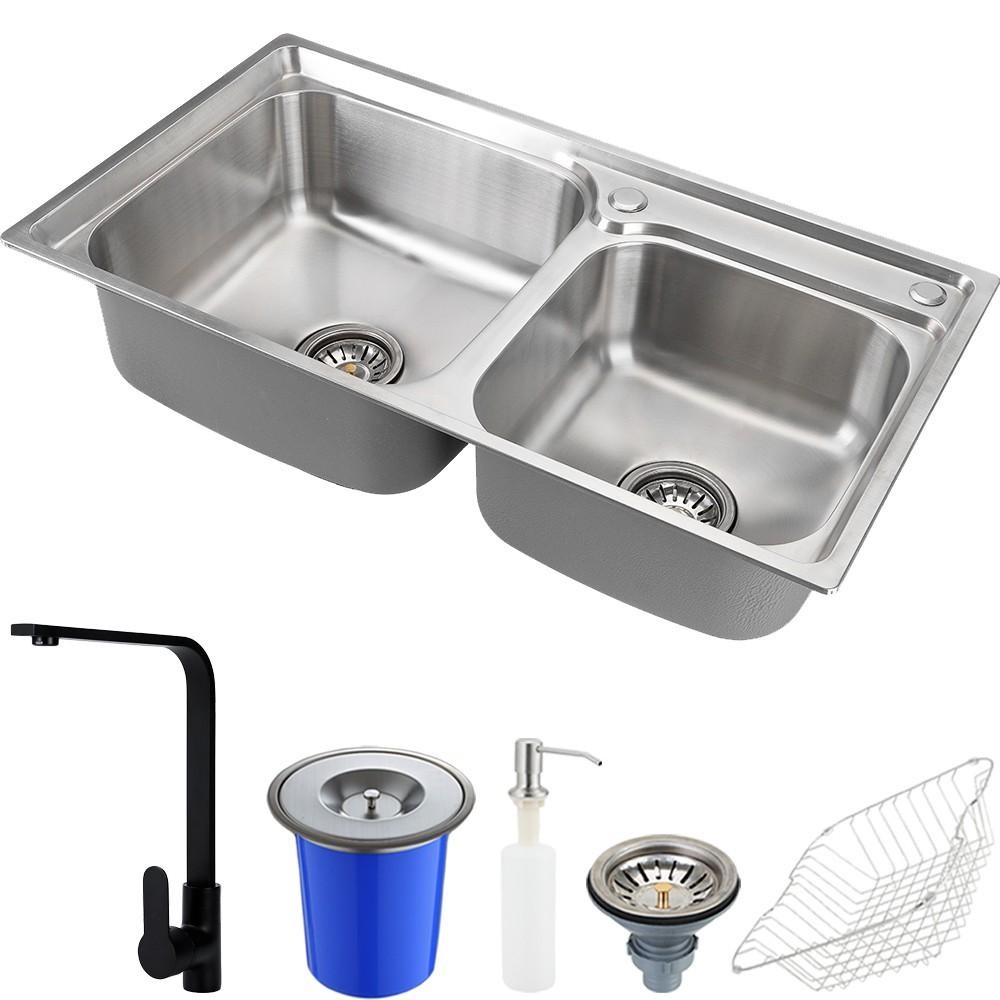 Cuba para cozinha pia dupla com acessórios e lixeira Ticunas e Torneira monocomando gourmet Tapajós Preta Pingoo