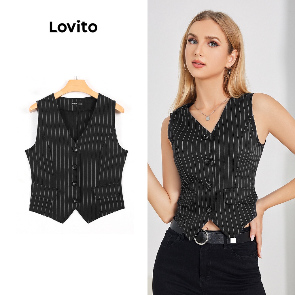 Lovito Blazer De Bolso Falso Listrado Elegante Para Mulheres LBE04046 (Preto)