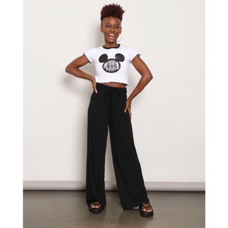 Calça Feminina Pantalona Viscose Com Faixa Amarração Preta