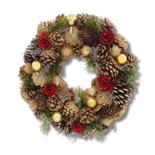 Guirlanda Natalina Pinhas e Flores Vermelho Dourado 34 cm Luxo Enfeite Natal Decoração Premium