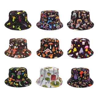 Cogumelo Fashion mushroom Print Hip Hop Bucket Hat Homens Mulheres Chapéu De Algodão Plano Sol Reversivel Pescador