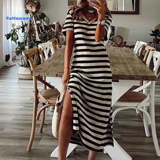 Vestido Feminino De Verão Midi Split V Pescoço Em Com Mangas Curtas Comprimento Médio De Bezerro Cor