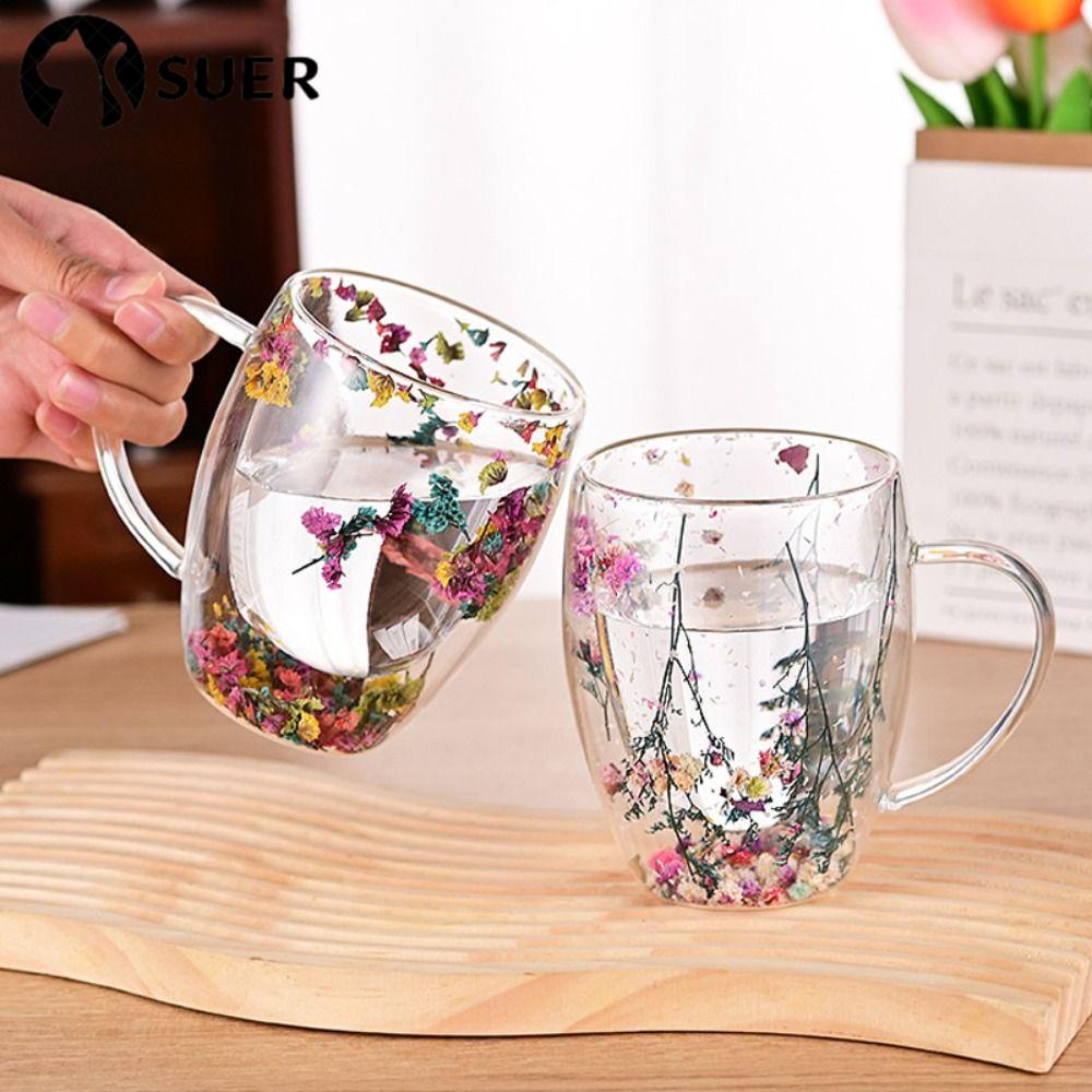 SUEBR Dry Copo De Flores , Simples De Vidro Borossilicato De Alta Qualidade , Com Alça Floral INS Tendências Resistente Ao Calor Caneca De Leite Para Café Expresso Criativa