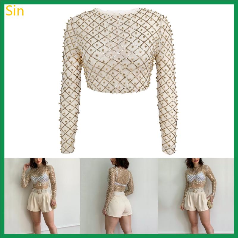 Pecado Sheer Mesh Crop Top Pearls Lantejoulas Camiseta Longa Clubwear