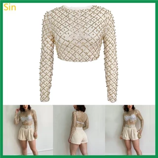 Pecado Sheer Mesh Crop Top Pearls Lantejoulas Camiseta Longa Clubwear