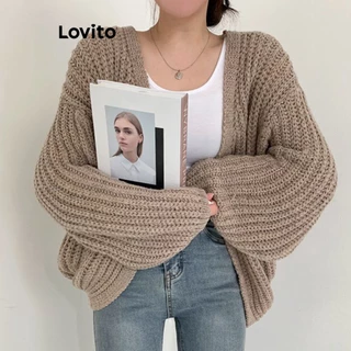 Lovito Casual Cardigã Feminino Liso Básico LNA29158 (Cáqui/Cinza/Off White)