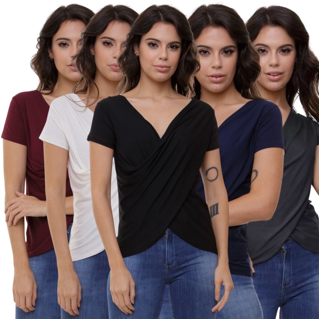 Kit com 5 Blusa Transpassada Manga Curta Camisa Bata Camiseta Feminina Blusinha Amamentação Moda Blogueira Basica