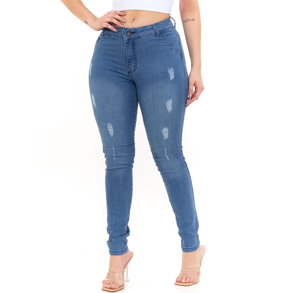 Calça jeans Feminina Delave Super Skinny Premium Cintura Alta Levanta Bum Bum